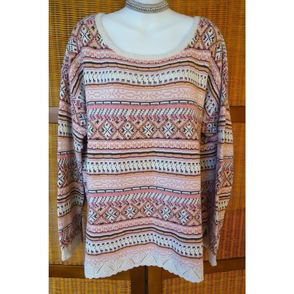 Odd Molly Sweaters - ODD MOLLY PINK FAIR ISLE CREW NECK COTTON KNIT SWEATER SIZE 3 LARGE